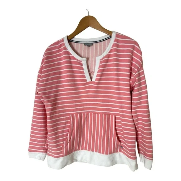 T by Talbots Pink Cream Striped Kangaroo Pocket Sweatshirt Large - Picture 2 of 8